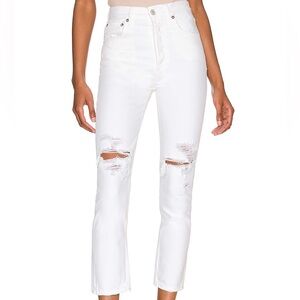 Agolde Riley Slant White Denim High Rise Straight Cropped Ripped Jeans EUC Sz 26